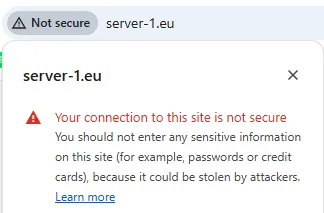 Image showing a warning that server-1.eu is hosted on http instead of https and is not secure